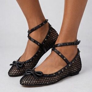 Valentino Rockstud Mesh Bow Ballet Flats Womens Size EU 38.5